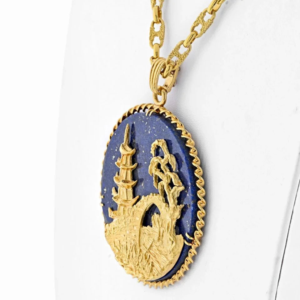 18K Yellow Gold 18K Gold Lapis Lazuli Medallion Asian Pagoda Temple Pendant Necklace - The Back Vault