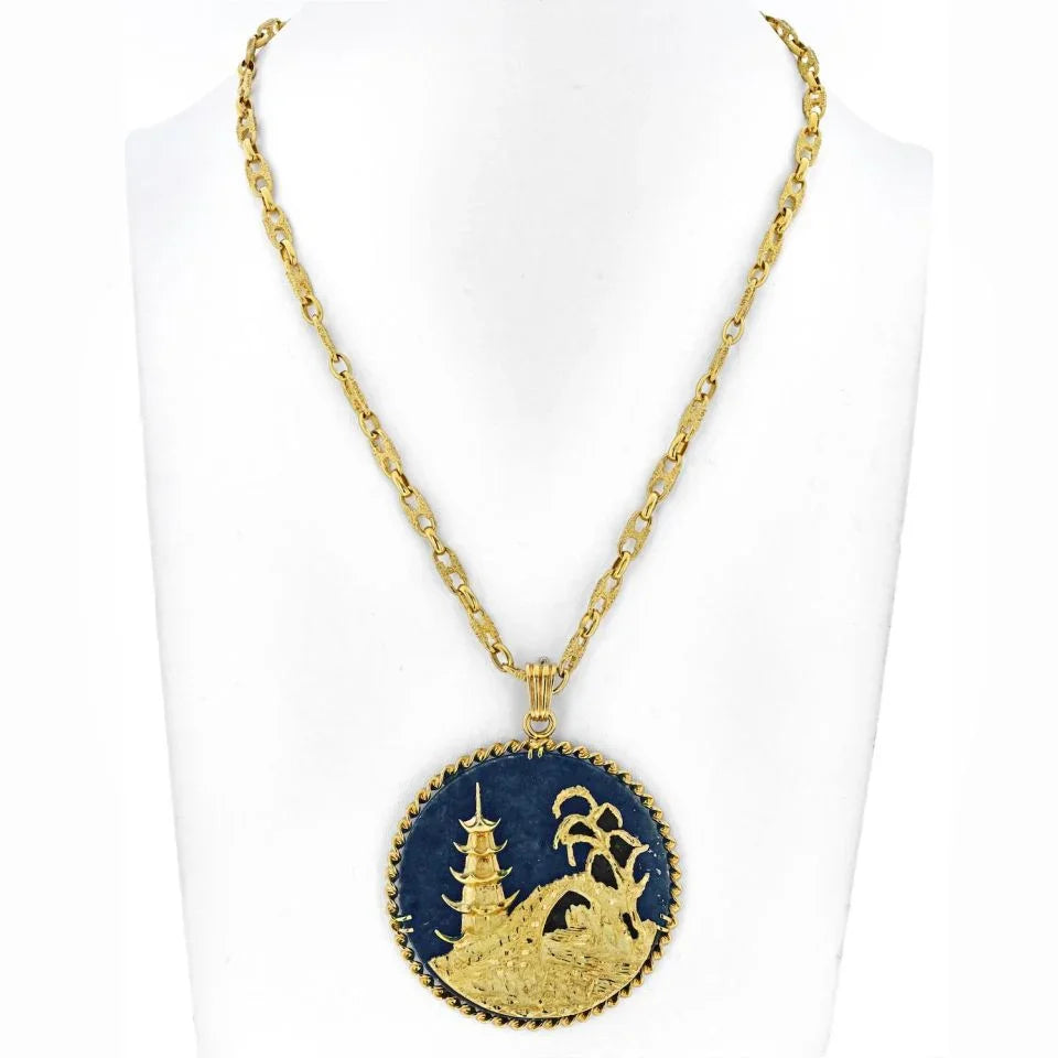 18K Yellow Gold 18K Gold Lapis Lazuli Medallion Asian Pagoda Temple Pendant Necklace - The Back Vault