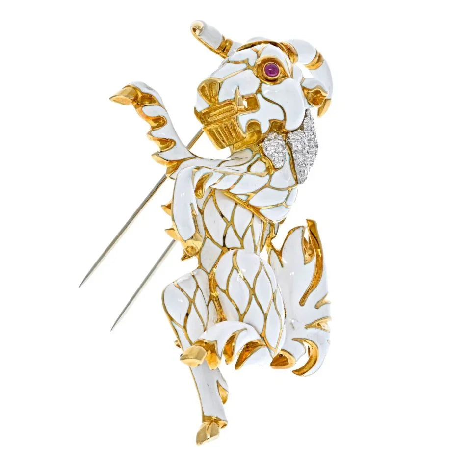 David Webb Platinum & 18K Yellow Gold White Enamel Diamond Goat Brooch - The Back Vault