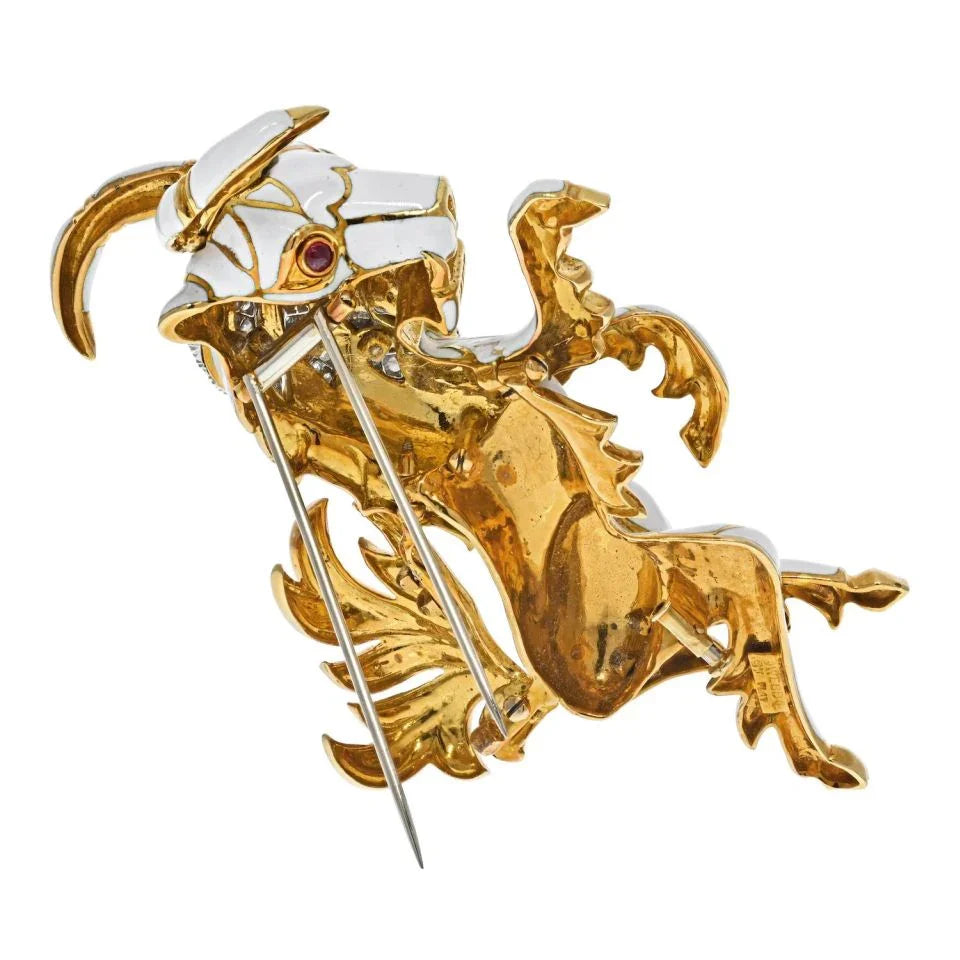 David Webb Platinum & 18K Yellow Gold White Enamel Diamond Goat Brooch - The Back Vault