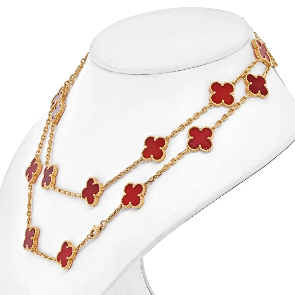 Van Cleef & Arpels Alhambra 18K Yellow Gold 20 Motif Vintage Alhambra Carnelian Necklace - The Back Vault