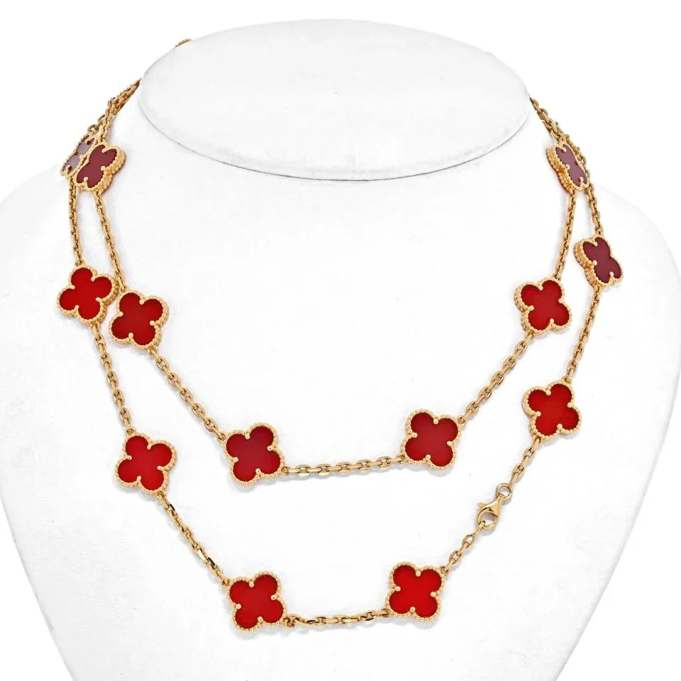 Van Cleef & Arpels Alhambra 18K Yellow Gold 20 Motif Vintage Alhambra Carnelian Necklace - The Back Vault