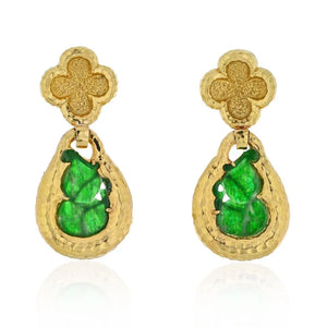 David Webb Platinum & 18K Yellow Gold Jade Teardrop Dangling Clip On Earrings