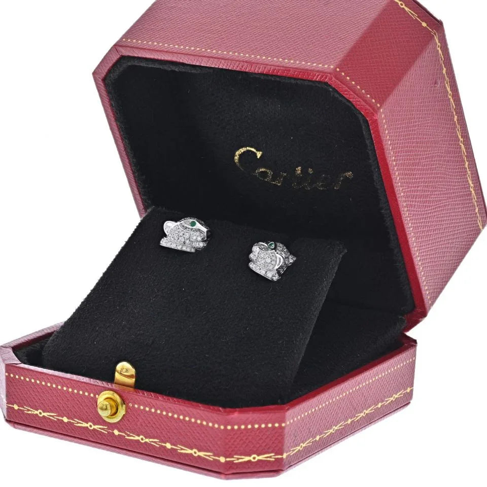 Cartier 18K White Gold Diamond Panthere Stud Earrings - The Back Vault