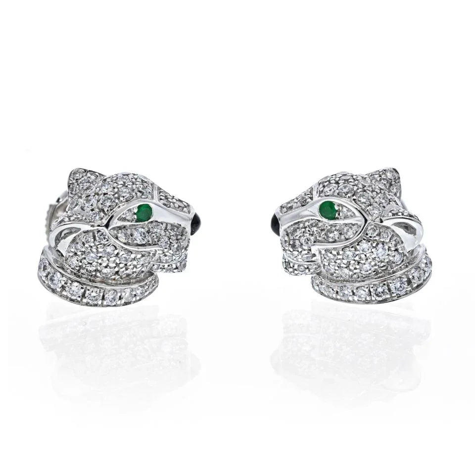 Cartier 18K White Gold Diamond Panthere Stud Earrings - The Back Vault