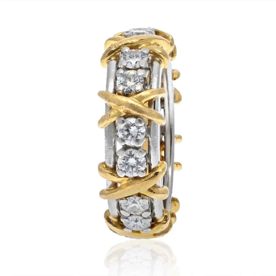 Tiffany & Co. Platinum & 18K Yellow Gold Schlumberger Sixteen Stone Diamond Wedding Ring - The Back Vault
