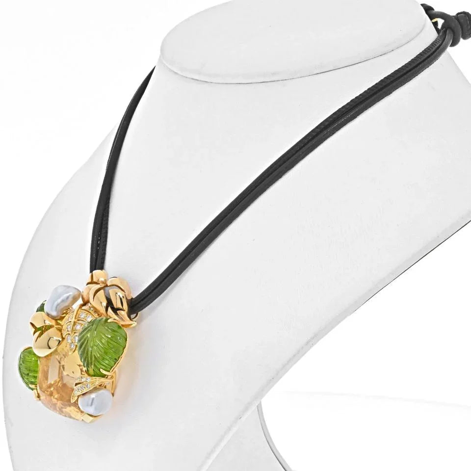 Seaman Schepps 18K Yellow Gold Genstone Diamond Floral Large Pendant On A Cord Necklace - The Back Vault