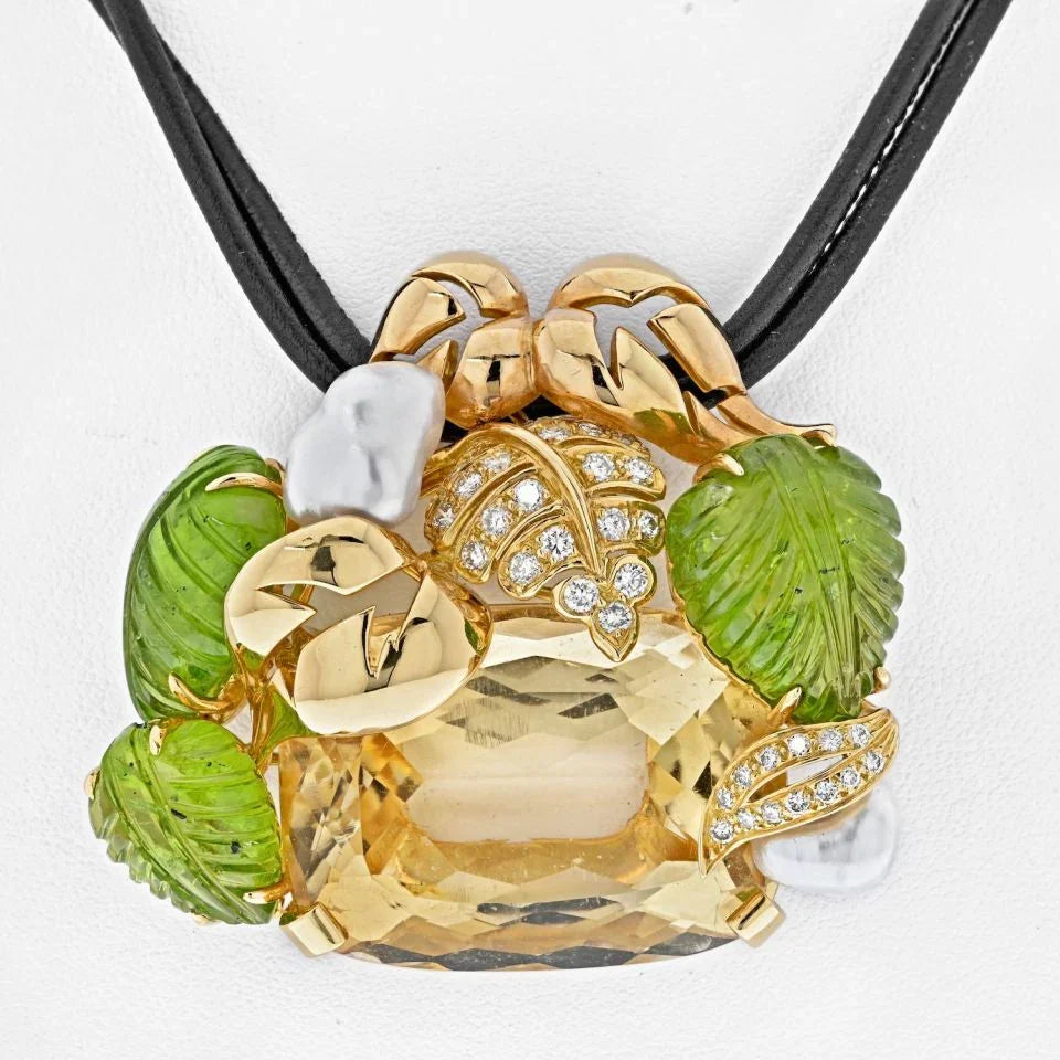 Seaman Schepps 18K Yellow Gold Genstone Diamond Floral Large Pendant On A Cord Necklace - The Back Vault