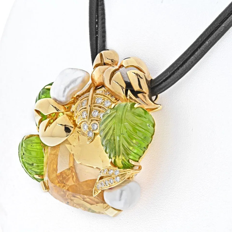 Seaman Schepps 18K Yellow Gold Genstone Diamond Floral Large Pendant On A Cord Necklace - The Back Vault