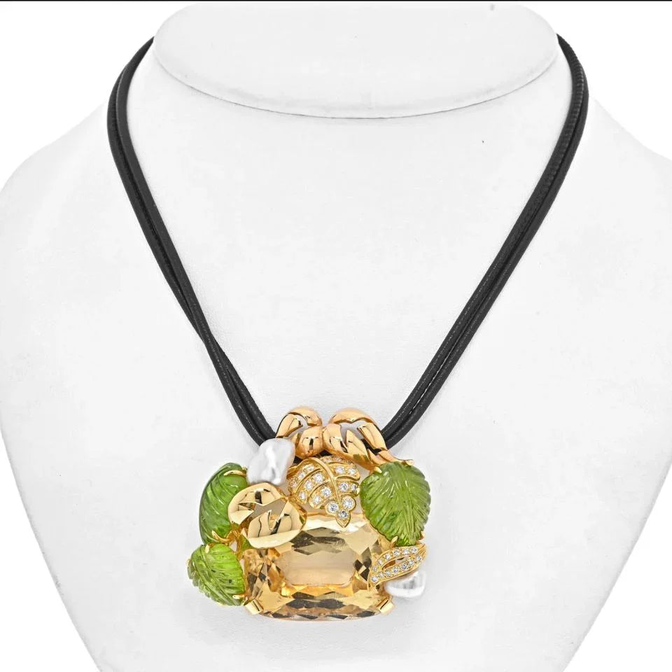 Seaman Schepps 18K Yellow Gold Genstone Diamond Floral Large Pendant On A Cord Necklace - The Back Vault