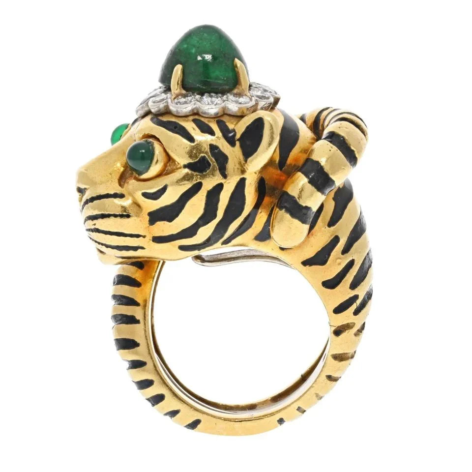 David Webb Platinum & 18K Yellow Gold Green Emerald And Diamond Tiger Ring - The Back Vault