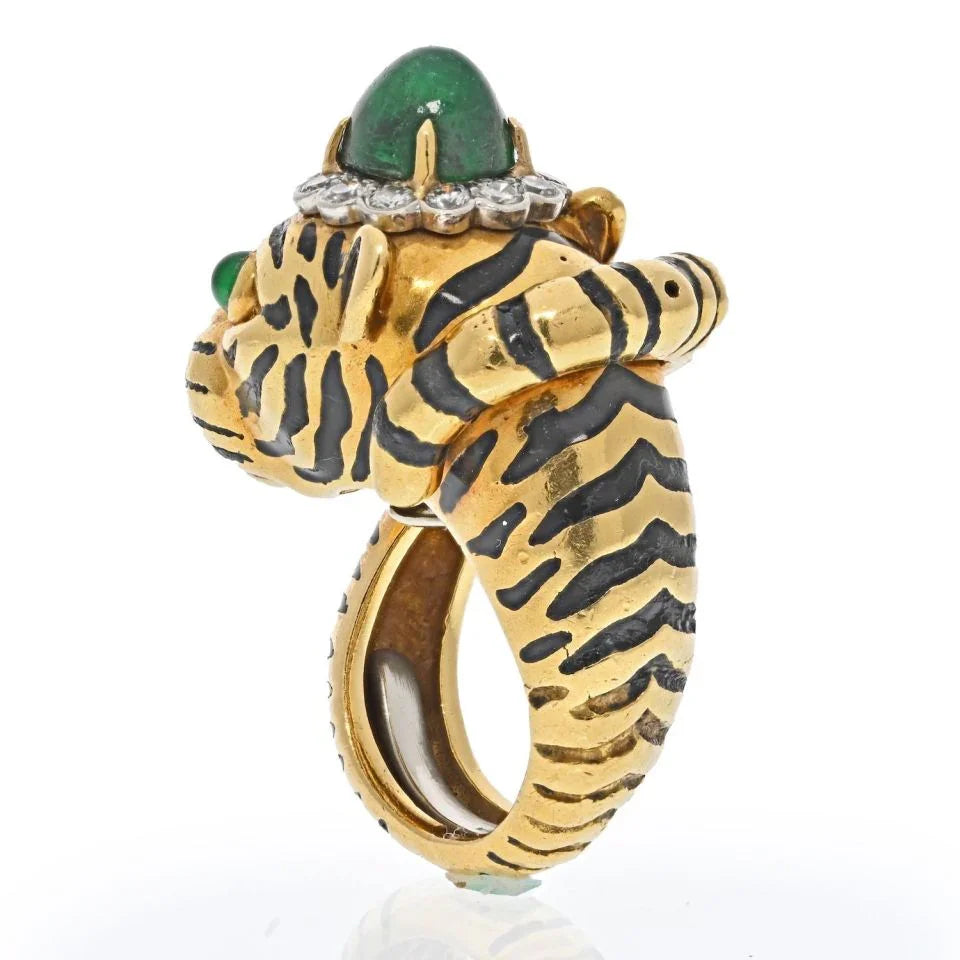 David Webb Platinum & 18K Yellow Gold Green Emerald And Diamond Tiger Ring - The Back Vault