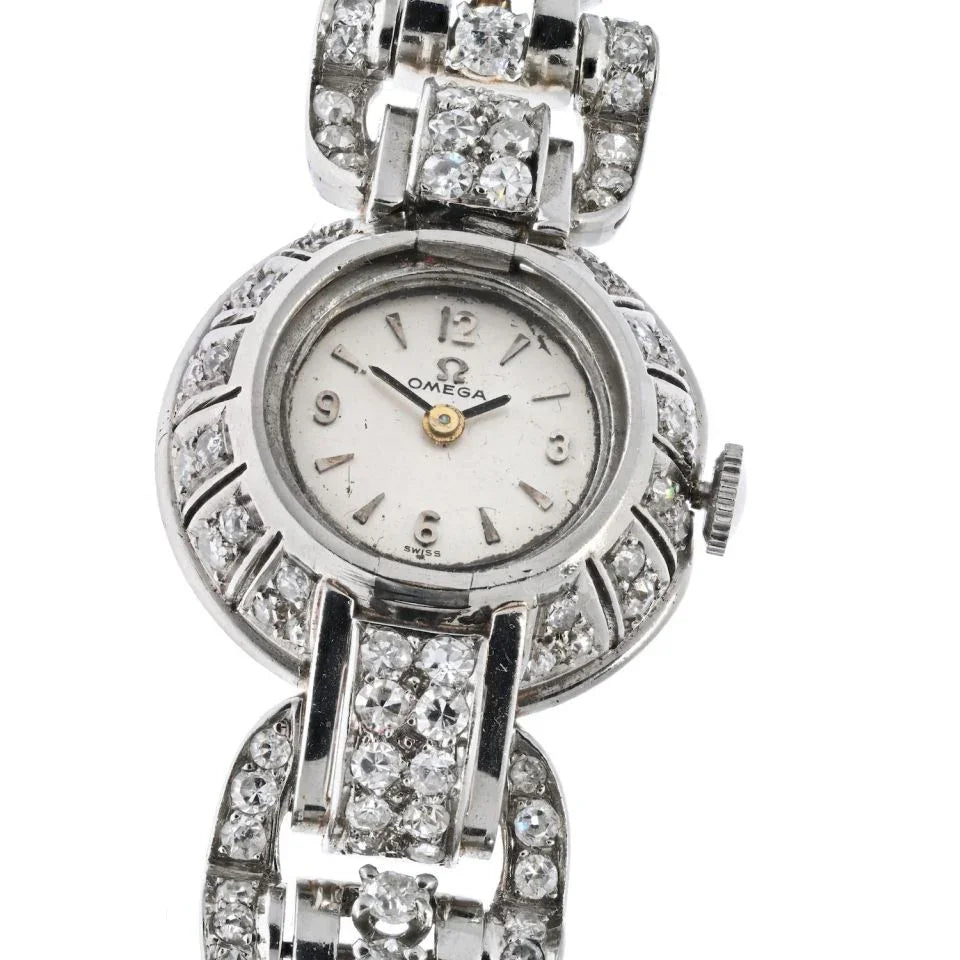Omega Platinum 1940's Women 12 Carat Old Cut Diamond Watch - The Back Vault