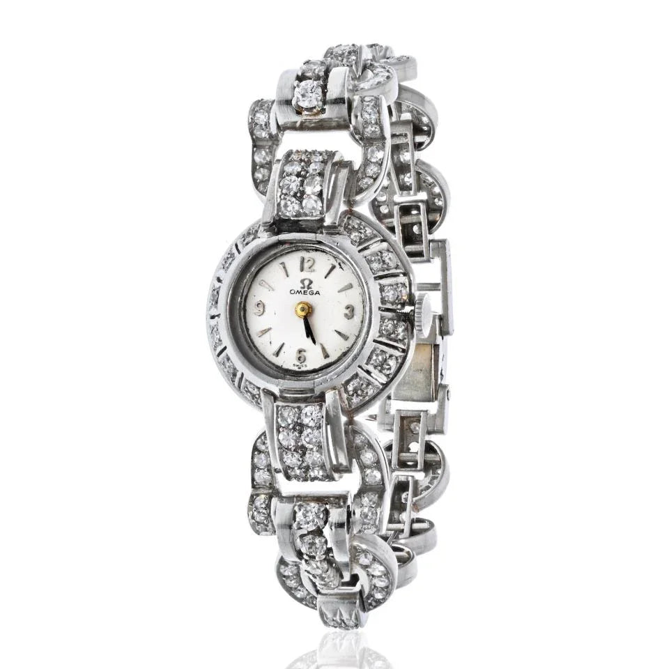 Omega Platinum 1940's Women 12 Carat Old Cut Diamond Watch - The Back Vault