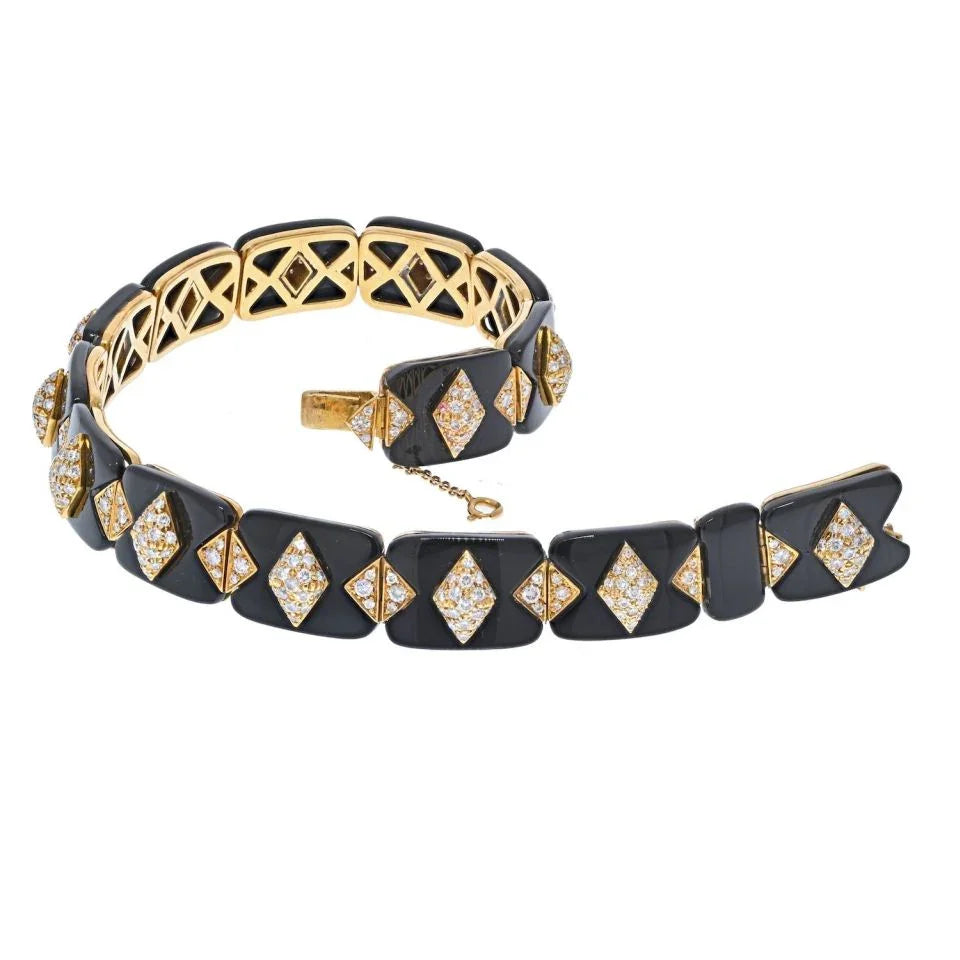 18K Yellow Gold Black Onyx Fine Diamonds Choker Necklace - The Back Vault