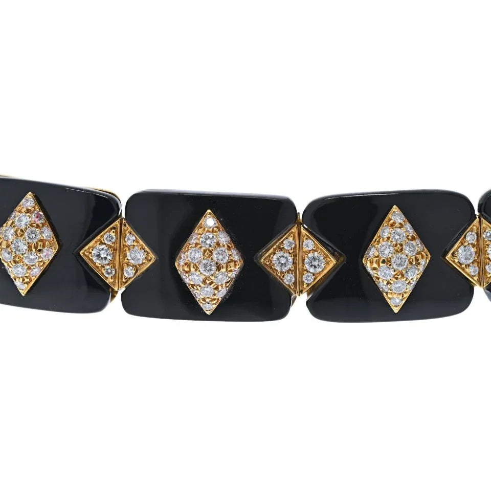 18K Yellow Gold Black Onyx Fine Diamonds Choker Necklace - The Back Vault