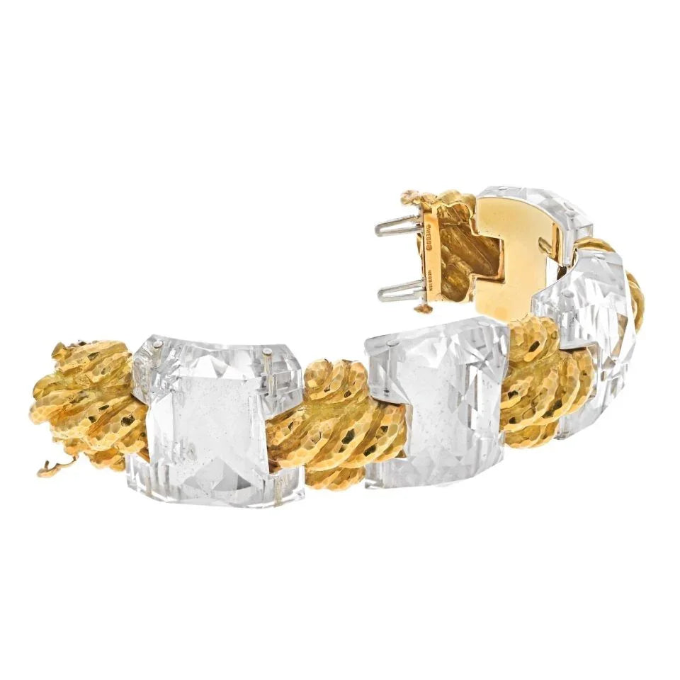 David Webb 18K Yellow Gold Checkerboard Rock Crystal Wide Link Bracelet - The Back Vault