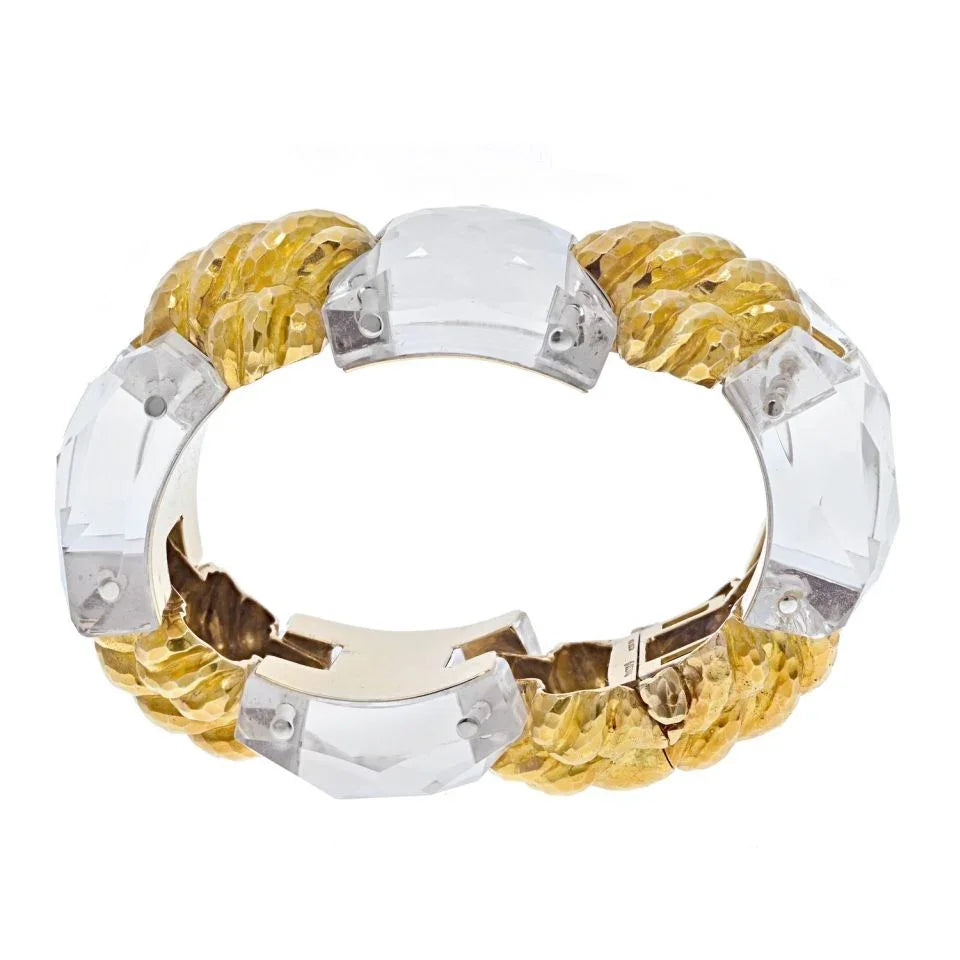 David Webb 18K Yellow Gold Checkerboard Rock Crystal Wide Link Bracelet - The Back Vault