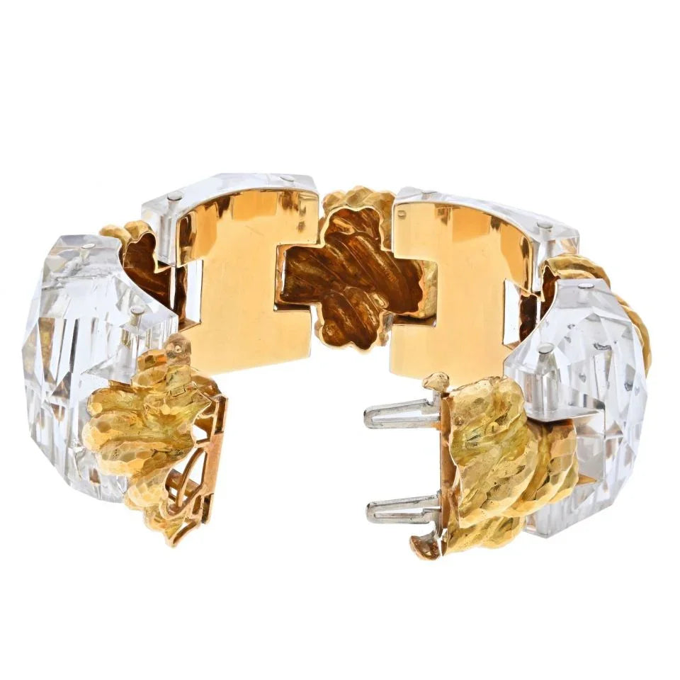 David Webb 18K Yellow Gold Checkerboard Rock Crystal Wide Link Bracelet - The Back Vault