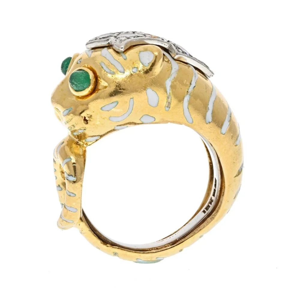 David Webb Platinum & 18K Yellow Gold Petite Leopard Green Emerald Eyes Ring - The Back Vault