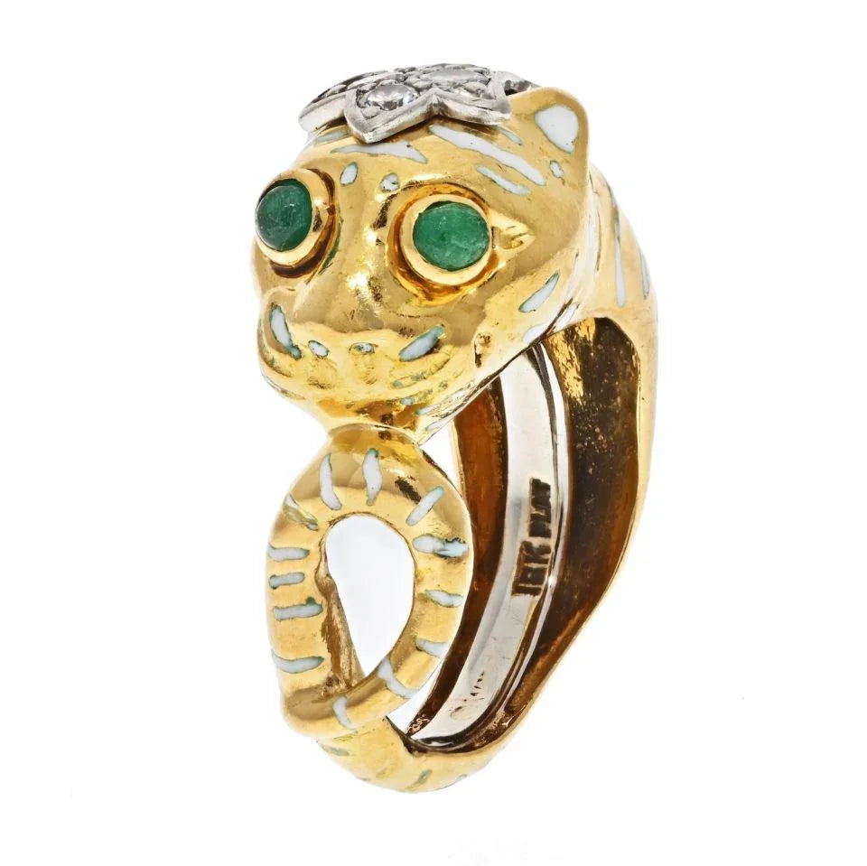 David Webb Platinum & 18K Yellow Gold Petite Leopard Green Emerald Eyes Ring - The Back Vault