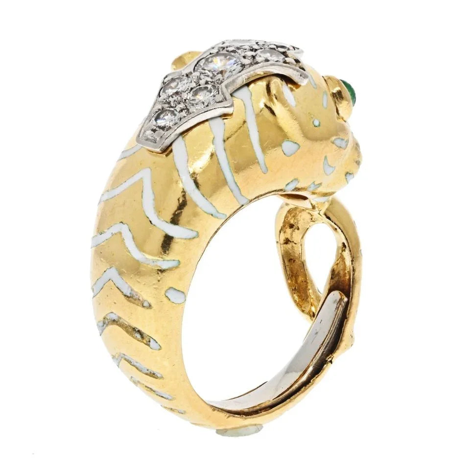 David Webb Platinum & 18K Yellow Gold Petite Leopard Green Emerald Eyes Ring - The Back Vault