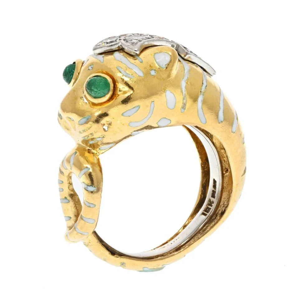 David Webb Platinum & 18K Yellow Gold Petite Leopard Green Emerald Eyes Ring - The Back Vault