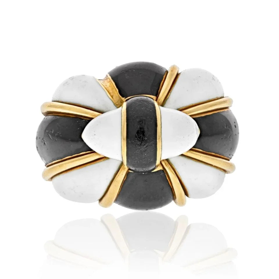 David Webb 18K Yellow Gold Black And White Enamel Bombe Ring - The Back Vault