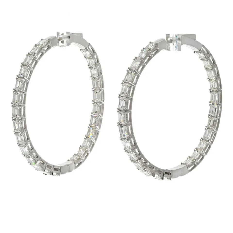 14K White Gold 8 Carat Emerald Cut Diamond Hoop Earrings - The Back Vault