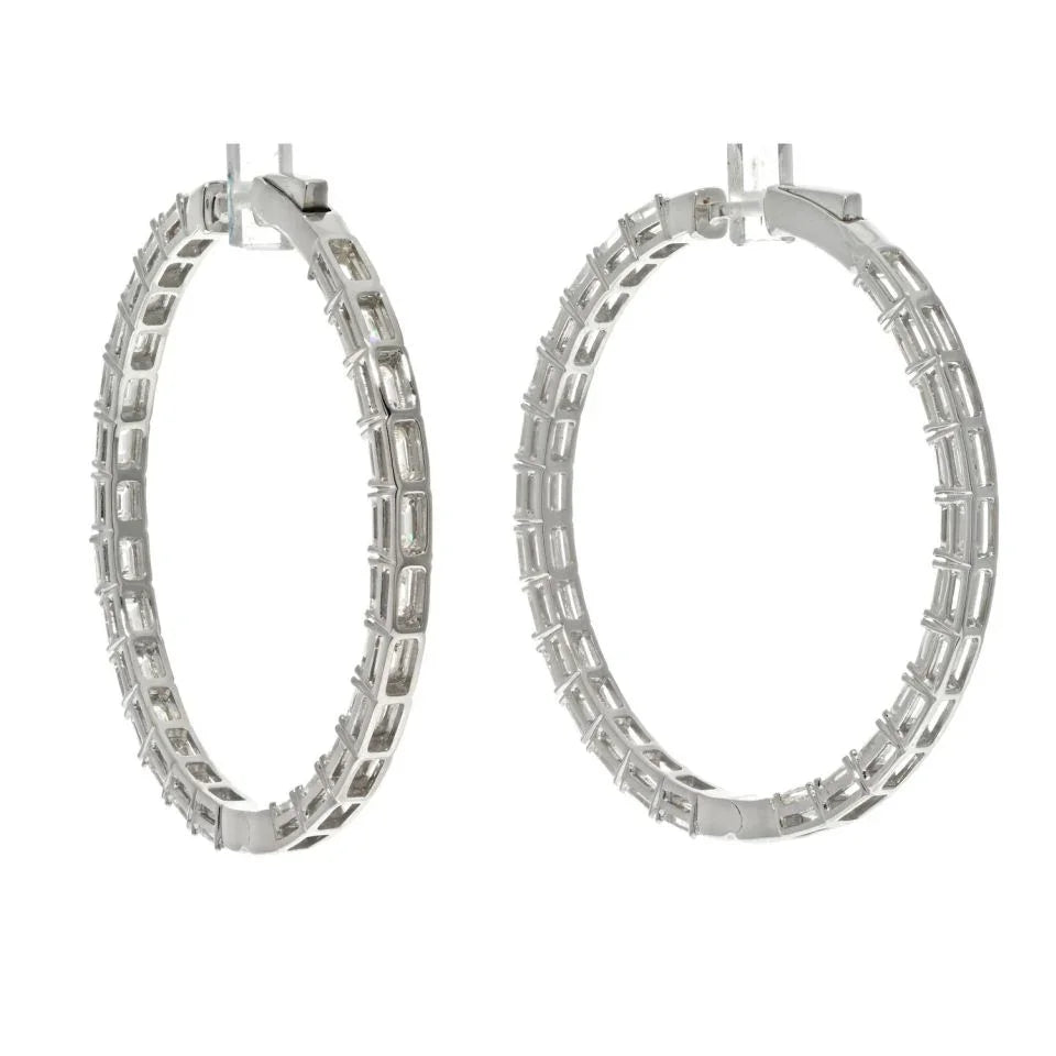 14K White Gold 8 Carat Emerald Cut Diamond Hoop Earrings - The Back Vault