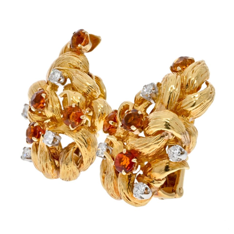 David Webb - 18K Yellow Gold Orange Enamel Clip On Earrings