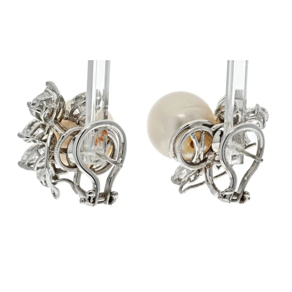 Platinum Pearl And 6 Carats Diamond Estate Earrings - The Back Vault