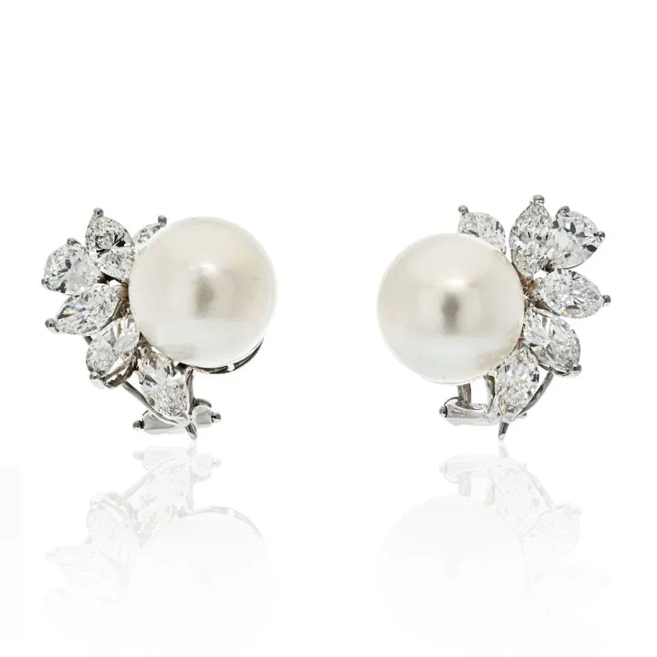 Platinum Pearl And 6 Carats Diamond Estate Earrings - The Back Vault
