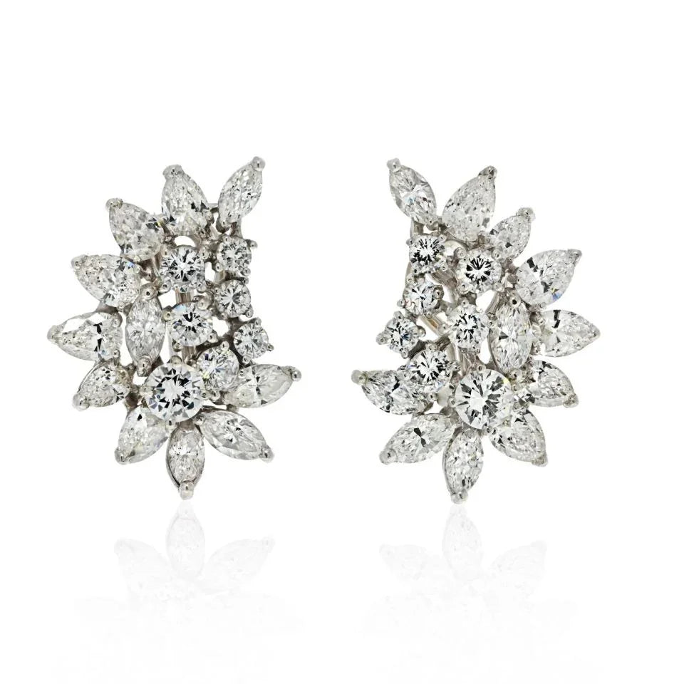 14K White Gold 7.50 Carat Diamond Cluster Marquise And Round Cut Earrings - The Back Vault