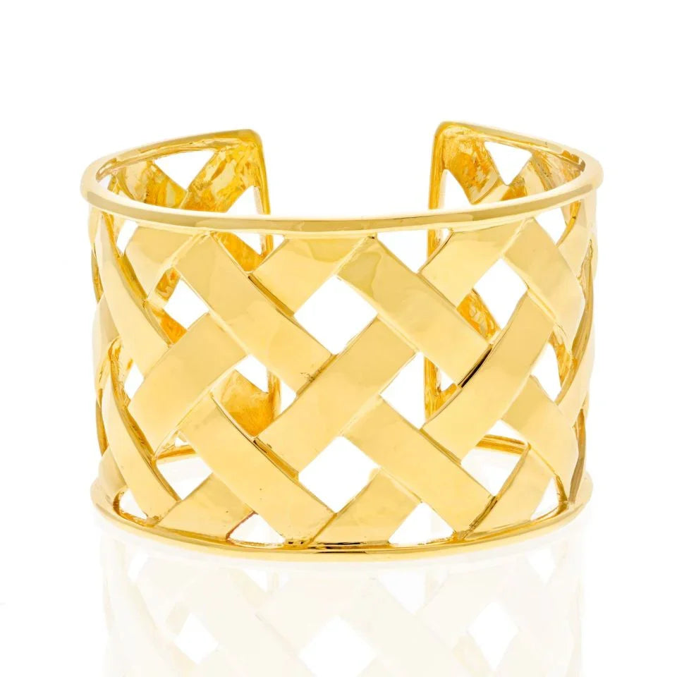 18K Yellow Gold Criss Cross Weave Openwork Cuff Bangle Bracelet - The Back Vault