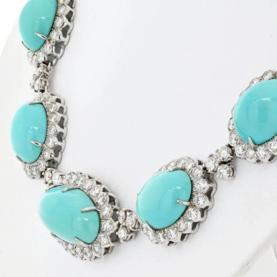 14K White Gold Estate Turquoise And Diamond Necklace - The Back Vault