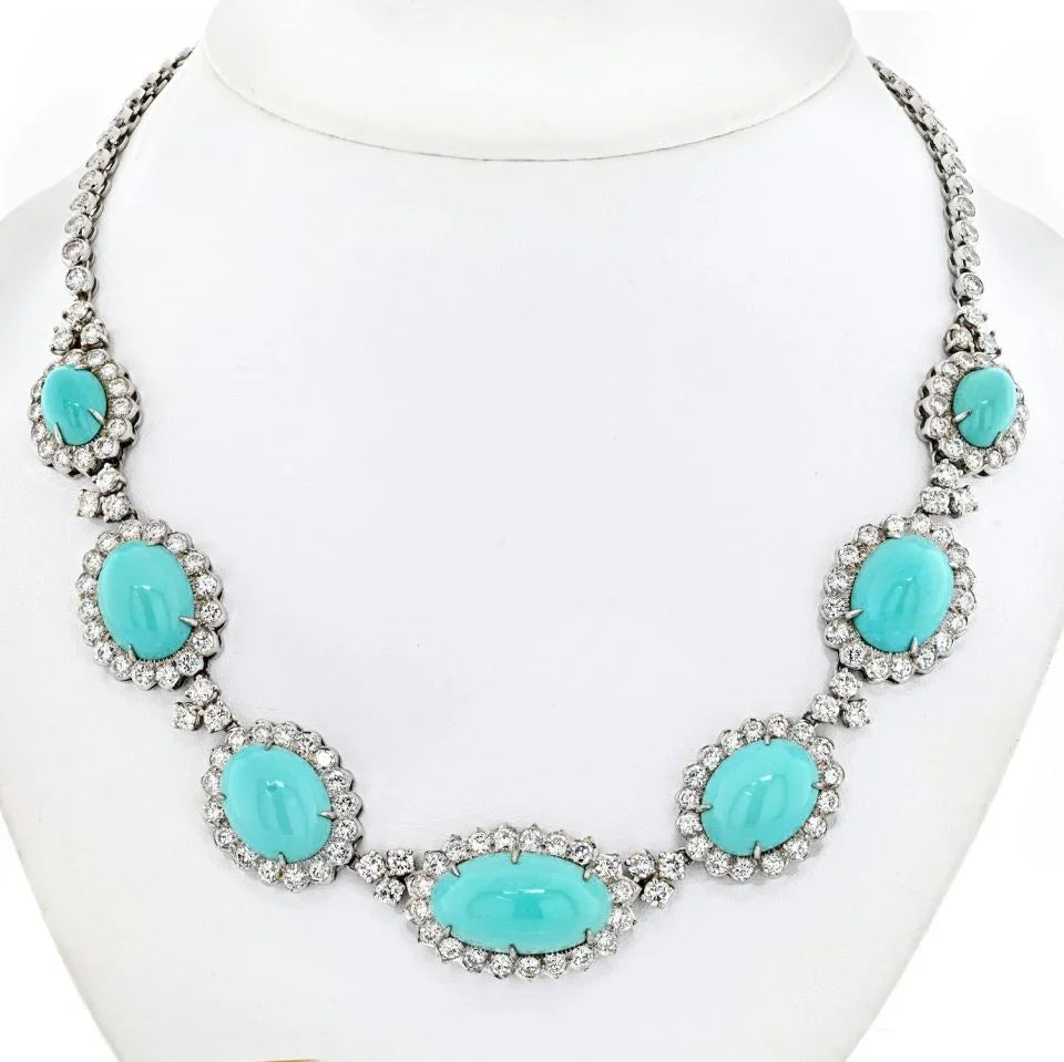 14K White Gold Estate Turquoise And Diamond Necklace - The Back Vault