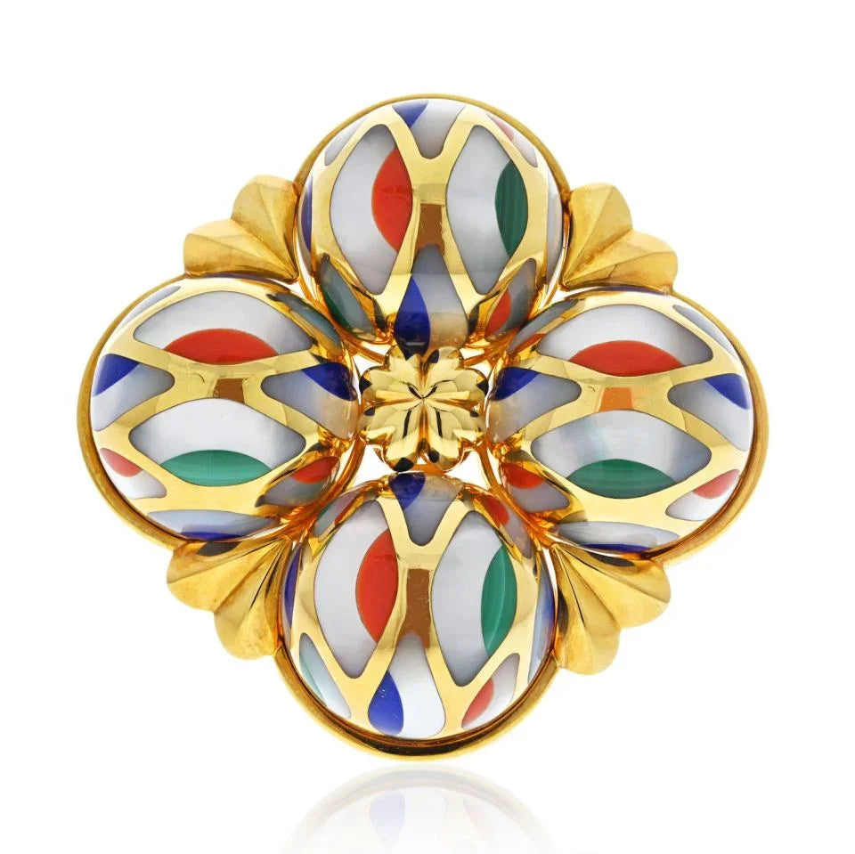 Asch Grossbradt 18K Yellow Gold Multi-Color Enamel Large Brooch - The Back Vault