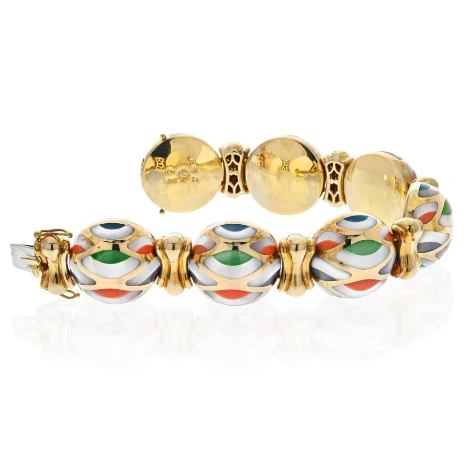 Asch Grossbardt 18K Yellow Gold Multi-Color Enamel Mother Of Pearl Bracelet - The Back Vault