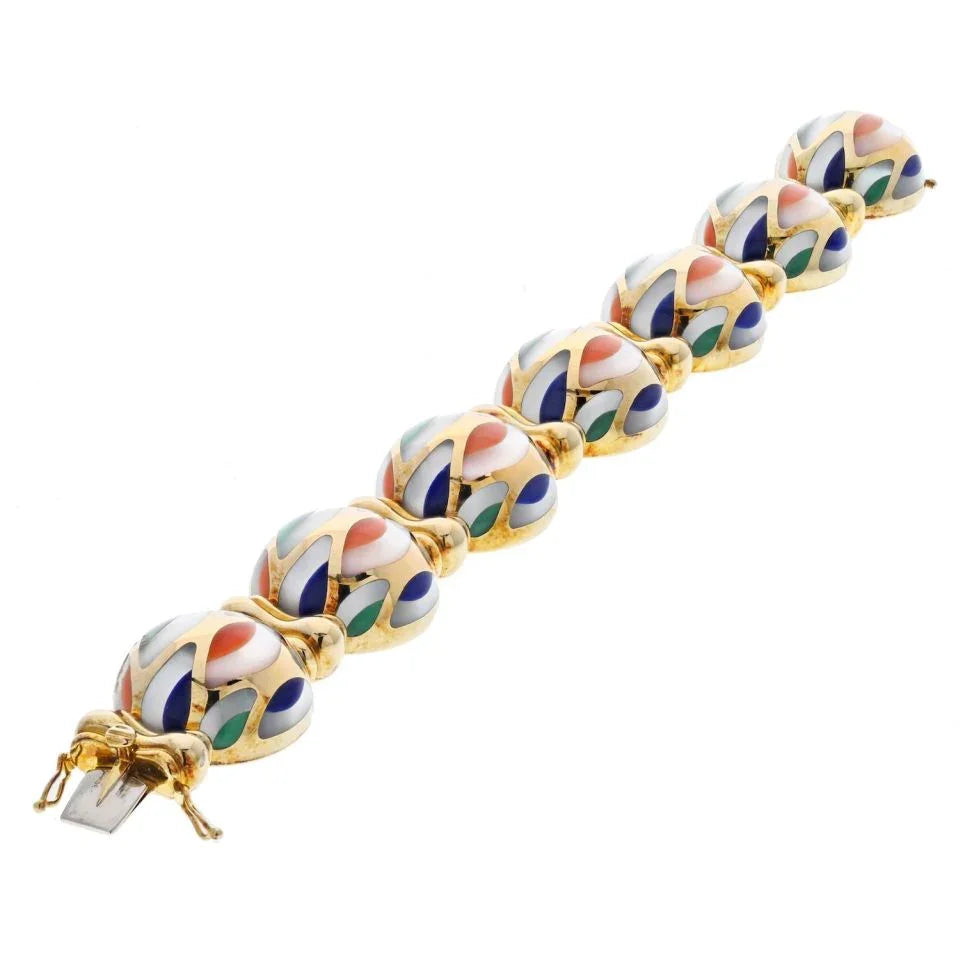 Asch Grossbardt 18K Yellow Gold Multi-Color Enamel Mother Of Pearl Bracelet - The Back Vault
