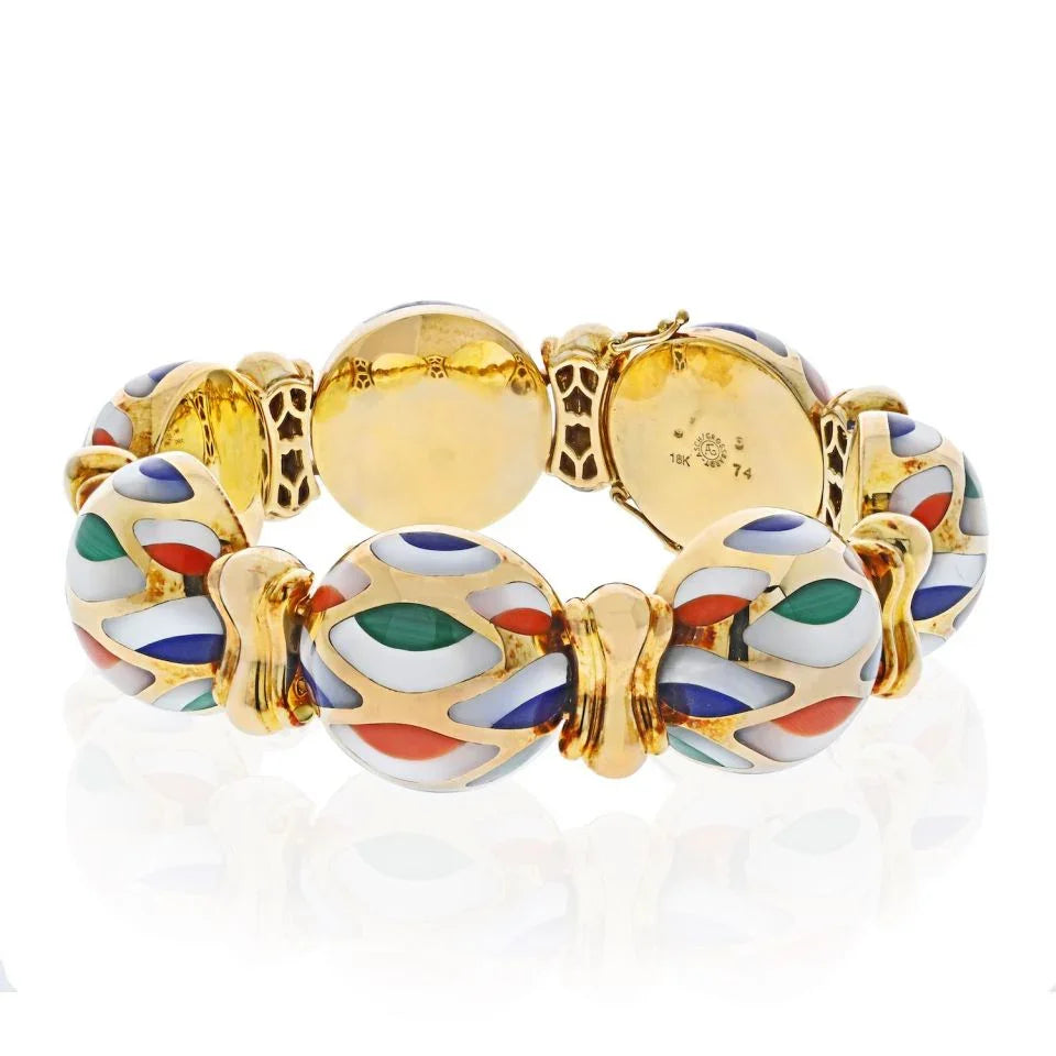 Asch Grossbardt 18K Yellow Gold Multi-Color Enamel Mother Of Pearl Bracelet - The Back Vault
