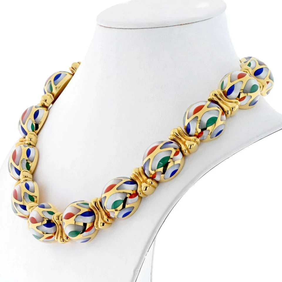 Asch Grossbardt 18K Yellow Gold Mother Of Pearl Multi-Color Enamel Necklace - The Back Vault