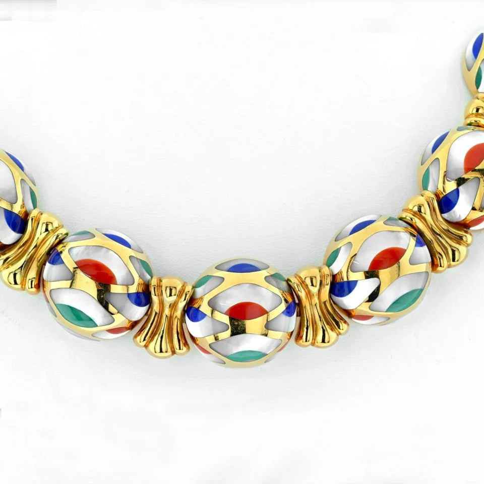 Asch Grossbardt 18K Yellow Gold Mother Of Pearl Multi-Color Enamel Necklace - The Back Vault
