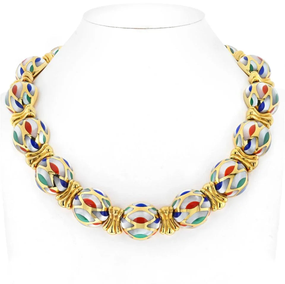 Asch Grossbardt 18K Yellow Gold Mother Of Pearl Multi-Color Enamel Necklace - The Back Vault