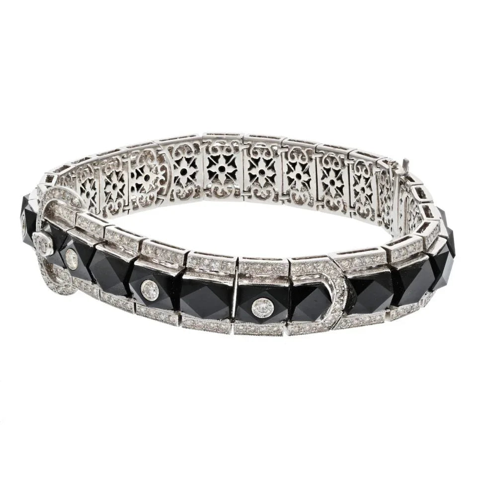 18K White Gold French Cut Onyx And Diamond Buckle Style Bracelet - The Back Vault