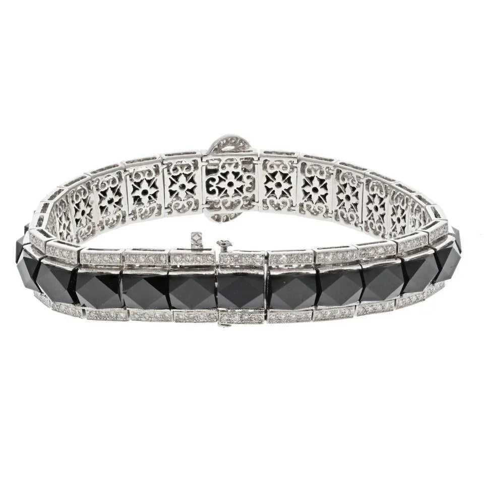 18K White Gold French Cut Onyx And Diamond Buckle Style Bracelet - The Back Vault