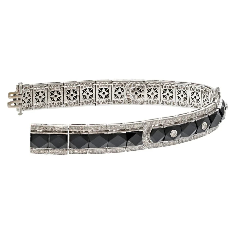 18K White Gold French Cut Onyx And Diamond Buckle Style Bracelet - The Back Vault
