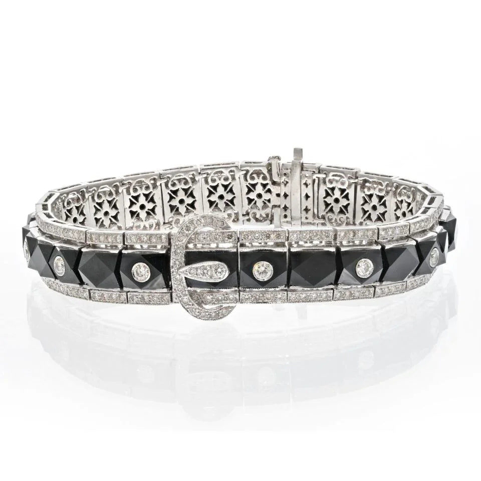 18K White Gold French Cut Onyx And Diamond Buckle Style Bracelet - The Back Vault