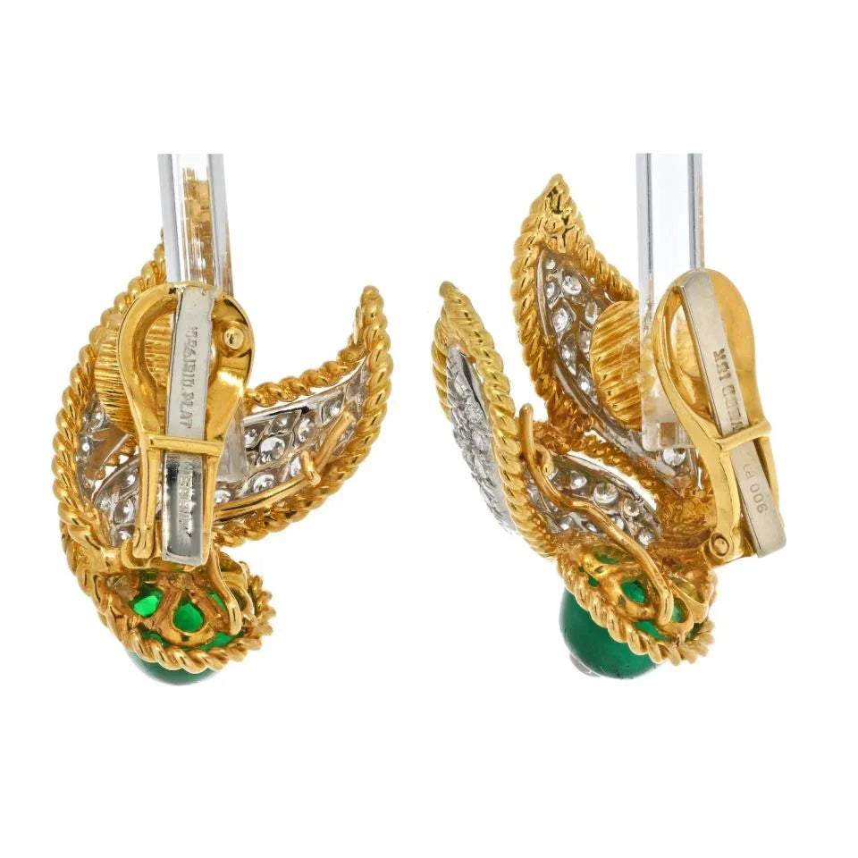 David Webb 18K Yellow Gold Cabochon Emerald And Diamond Clip On Earrings - The Back Vault