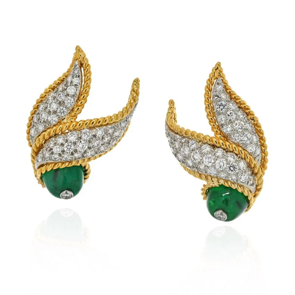 David Webb 18K Yellow Gold Cabochon Emerald And Diamond Clip On Earrings - The Back Vault